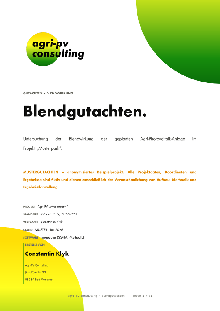 Titelseite des anonymisierten Muster-Blendgutachtens (PDF, 31 Seiten)